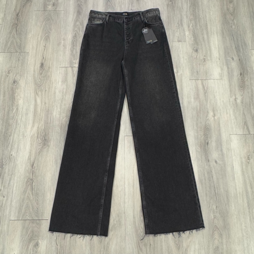Rails NWOT, “The Getty” Black Denim High Rise Wide Leg Jeans with Distressed Hem